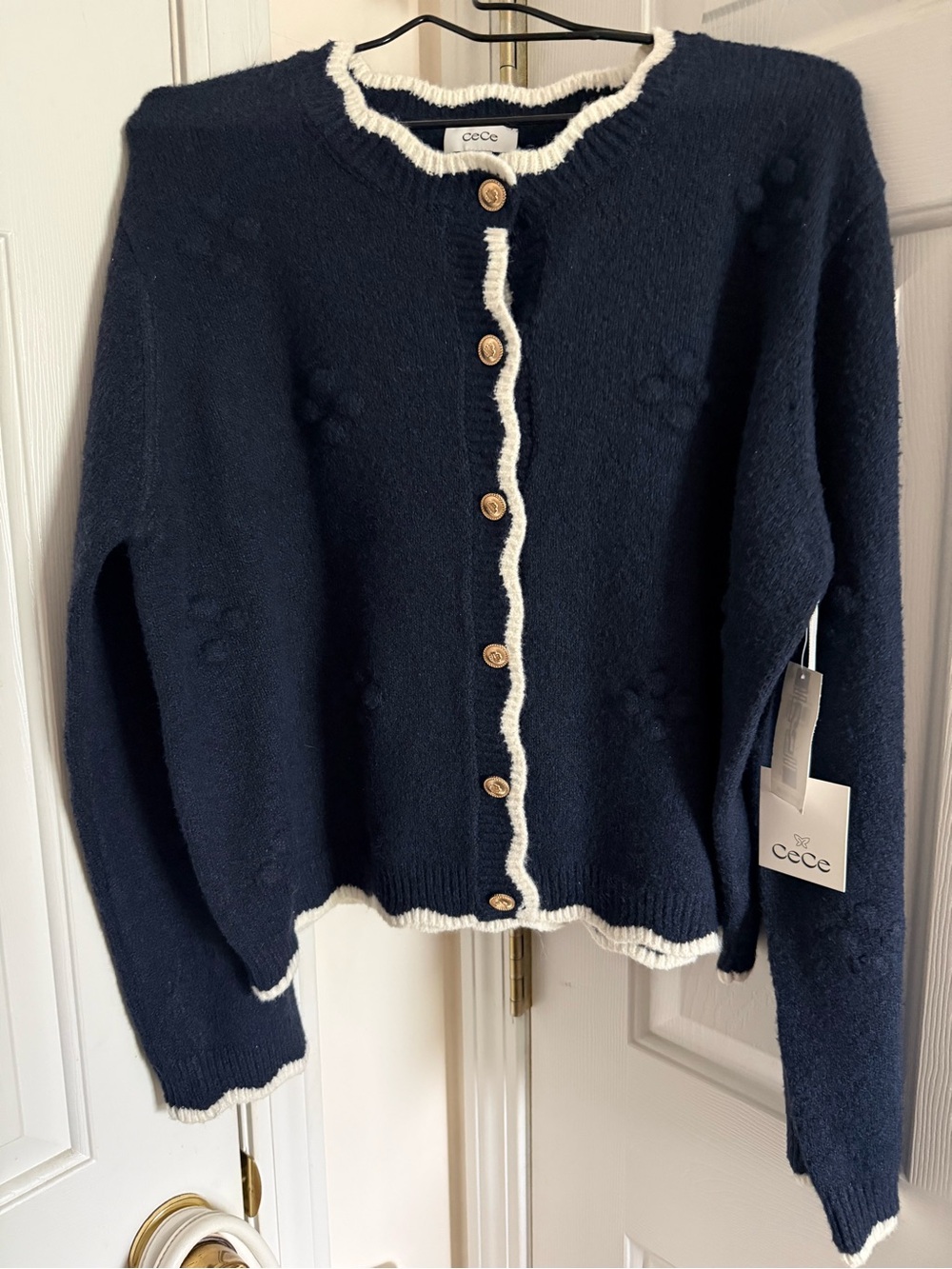 CeCe Navy Cardigan with Ivory Ruffle Trim